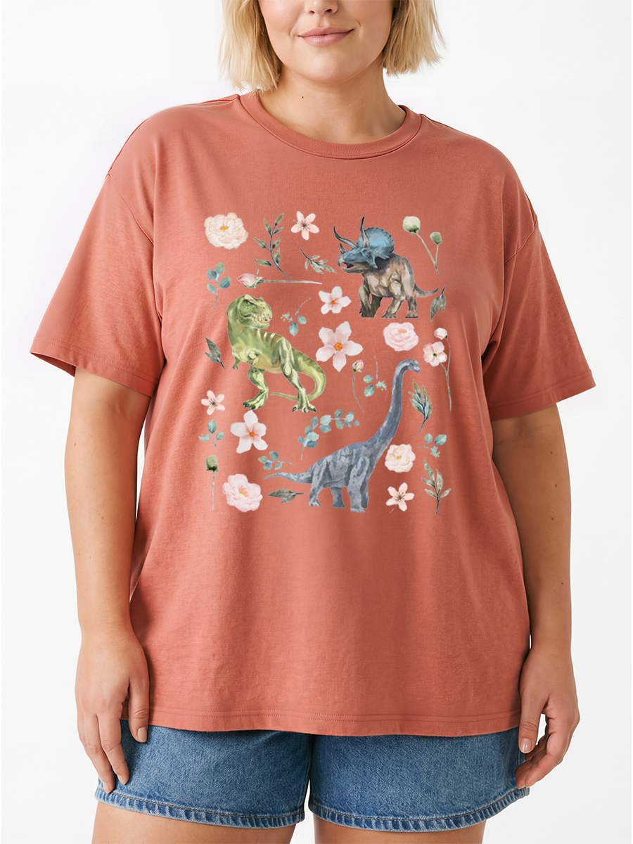 Vintage Botanical Floral Dinosaur Oversize Graphic Tee