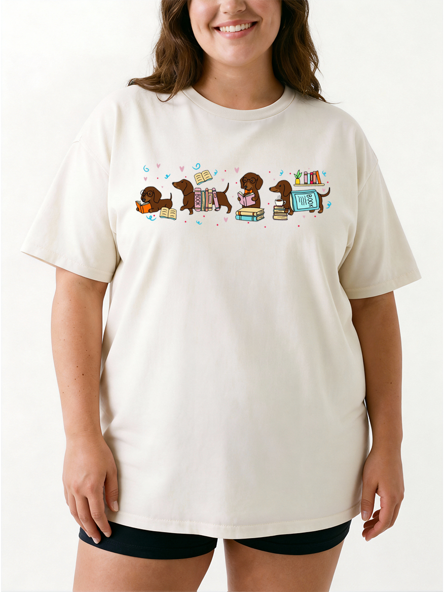 Vintage Bookish Doxie Gifts For Dog Moms Oversize Graphic Tee