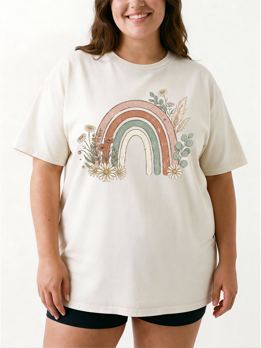 Vintage Boho Botanical Rainbow Oversize Graphic Tee