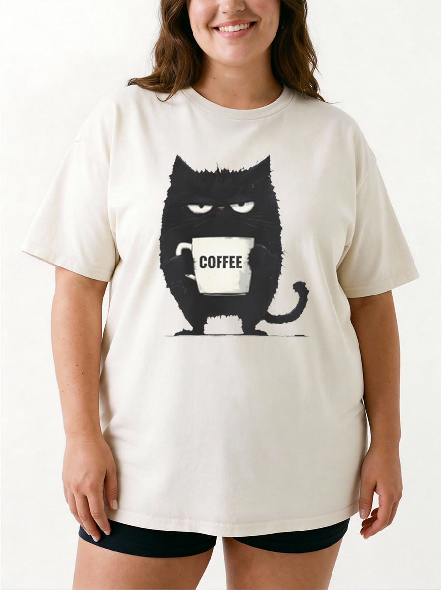 Vintage Funny Black Cat Coffee Oversize Graphic Tee