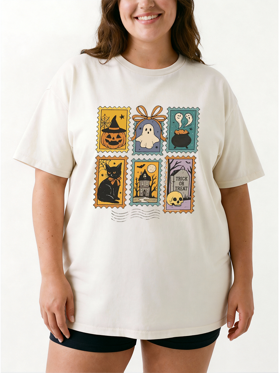 Vintage Halloween Cute Ghost Pumpkin Cat Oversize Graphic Tee
