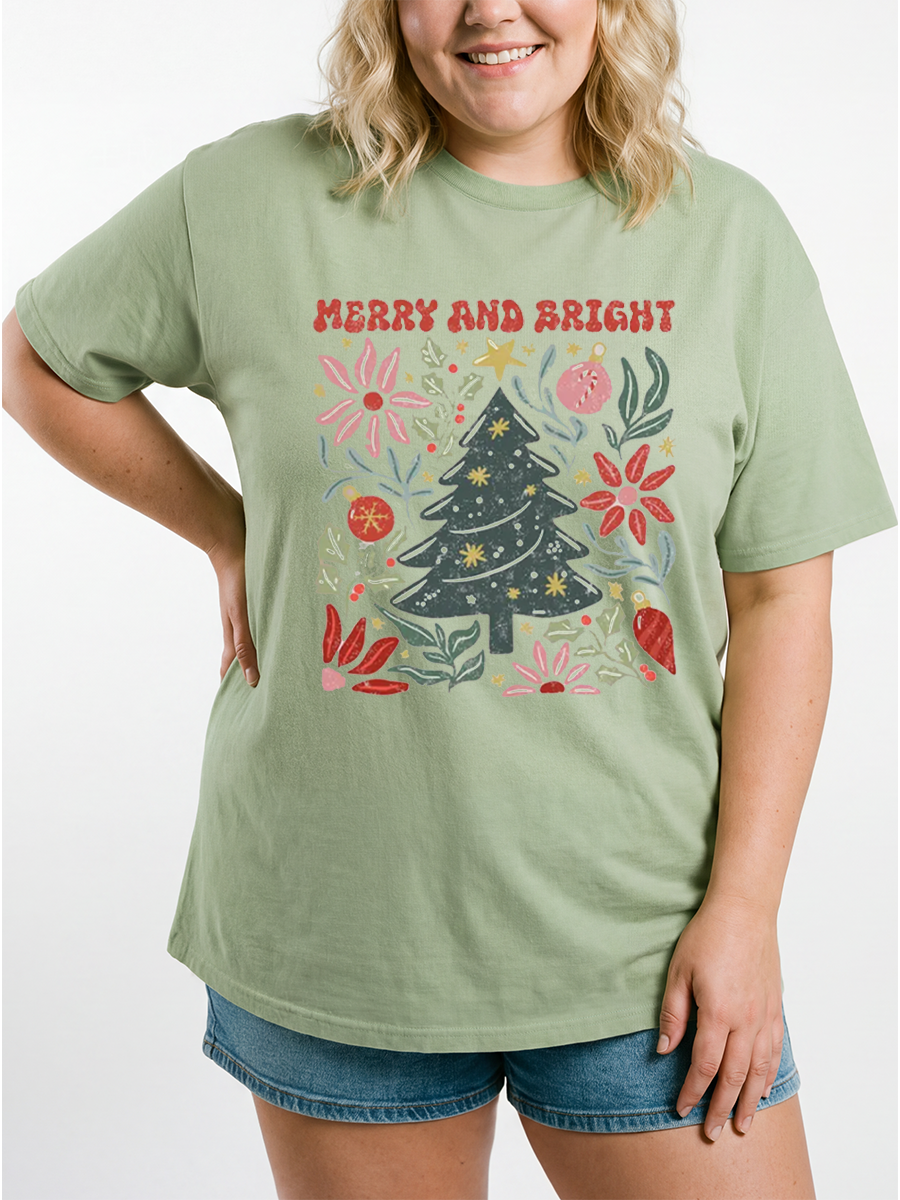 Vintage Boho Merry And Bright Oversize Graphic Tee