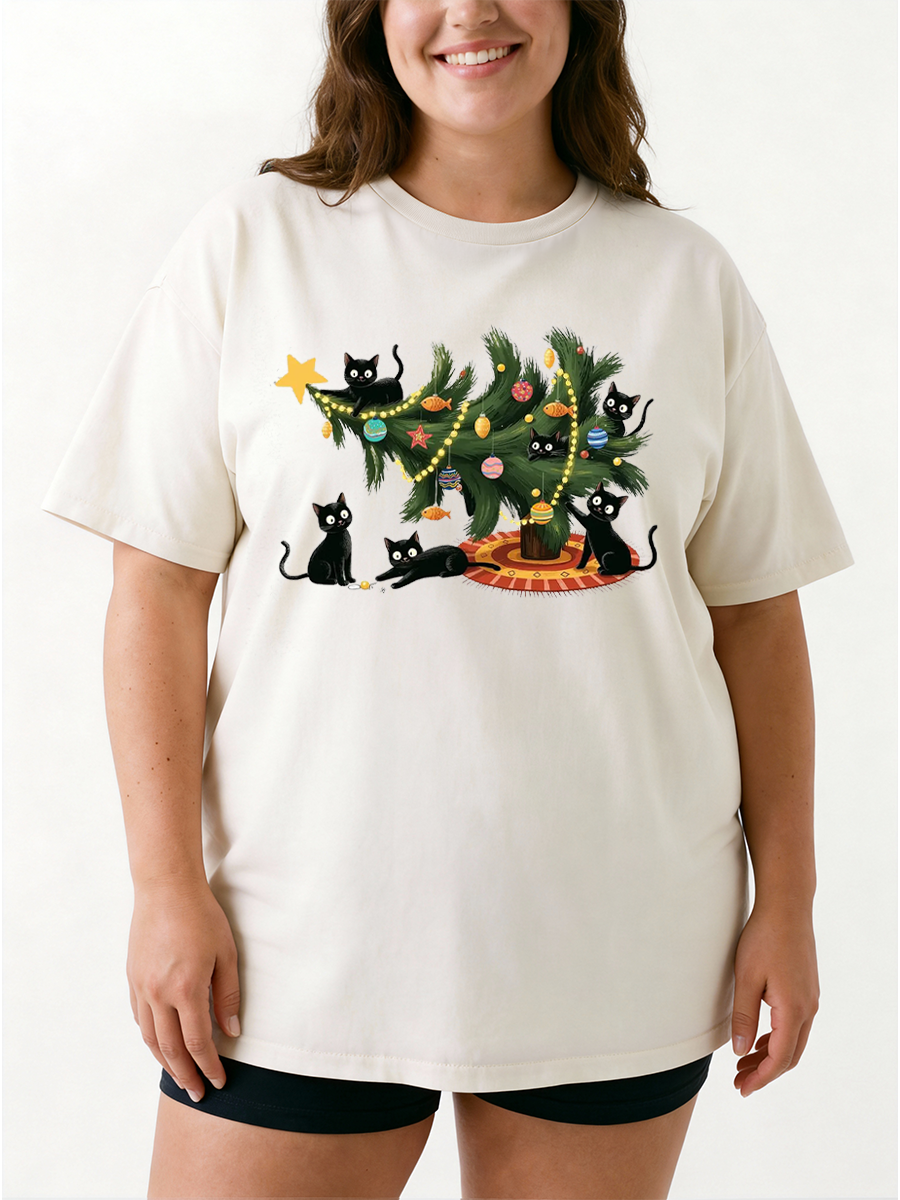 Vintage Cute Christmas Tree Cat Lover Oversize Graphic Tee