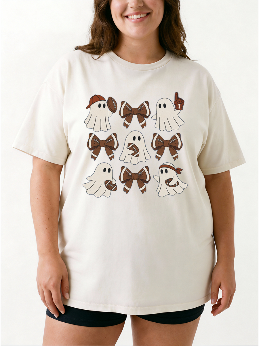 Vintage Funny Halloween Football Ghost  Oversize Graphic Tee