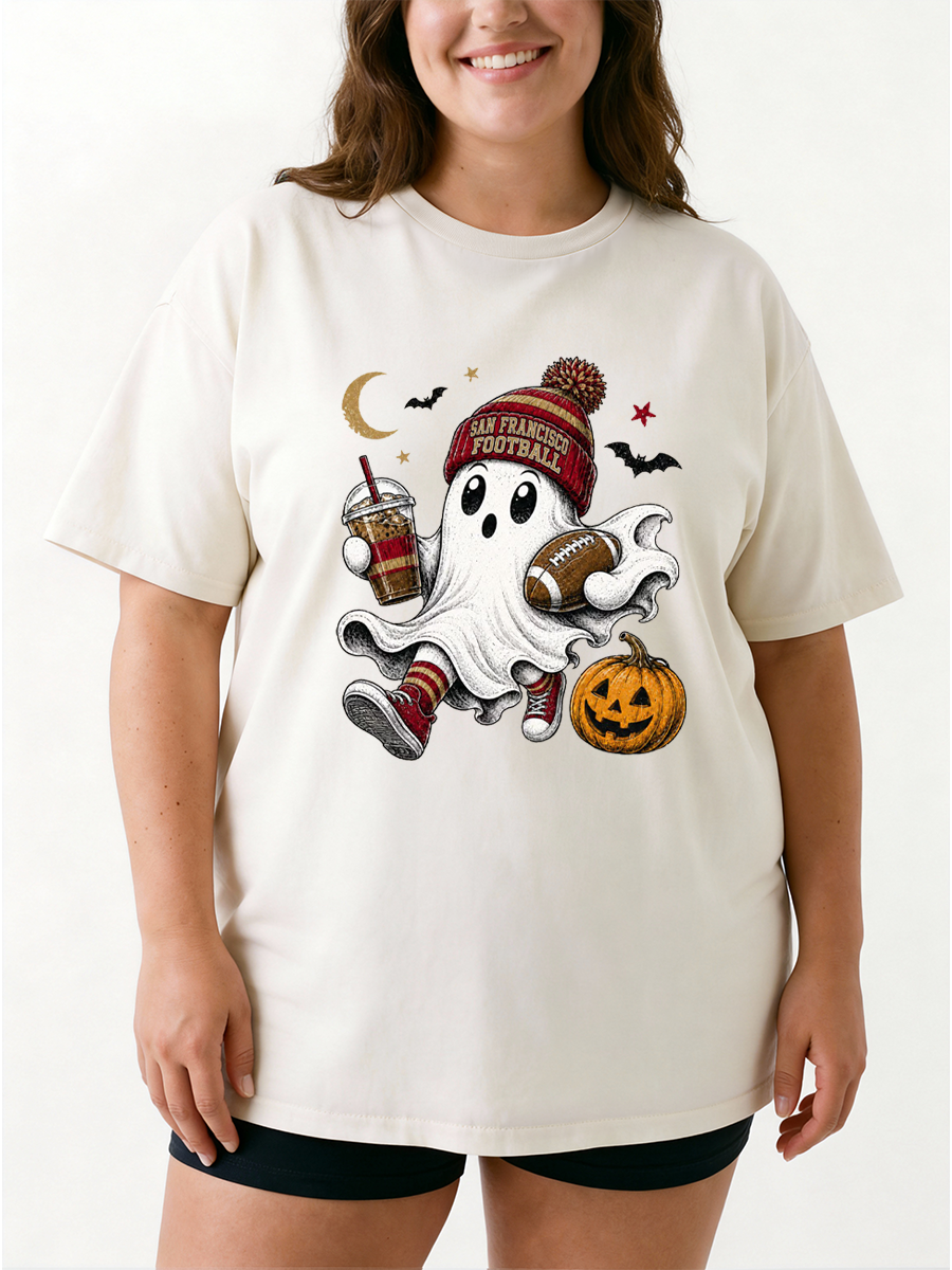 Vintage Halloween Football Ghost Oversize Graphic Tee