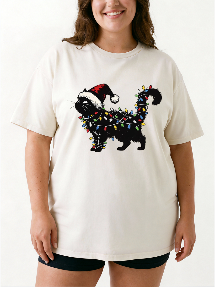 Vintage Christmas Black Cat Oversize Graphic Tee