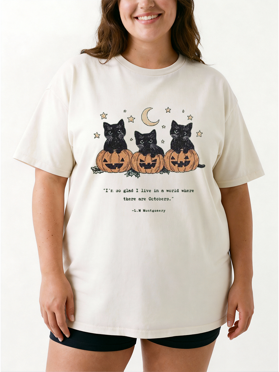 Vintage Halloween Cute Black Cats Oversize Graphic Tee