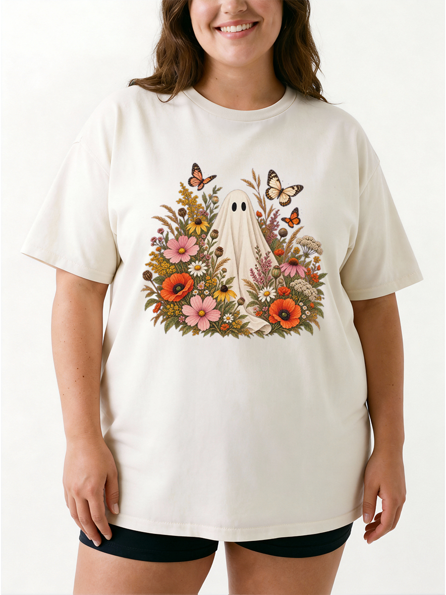Vintage Floral Ghost Halloween Oversize Graphic Tee