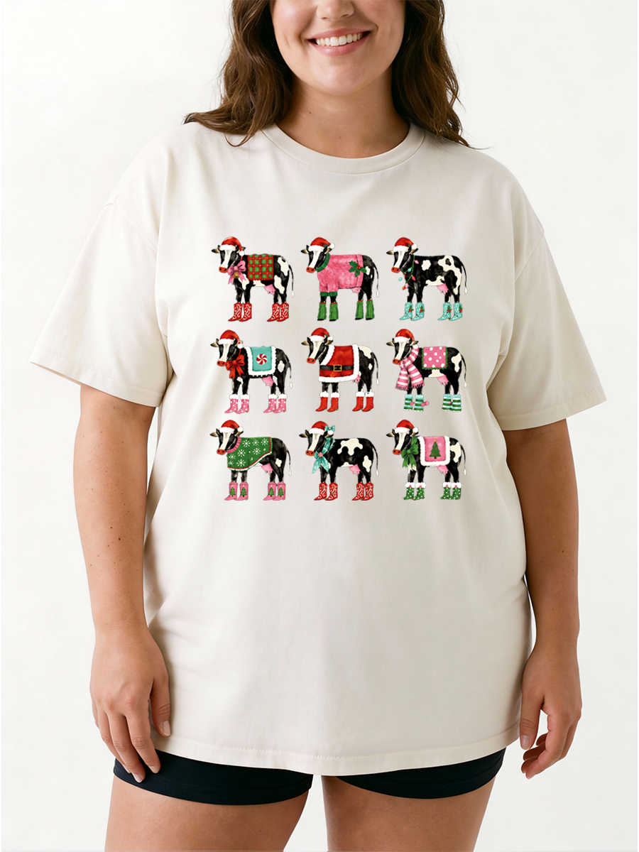 Vintage Christmas Cow Oversize Graphic Tee