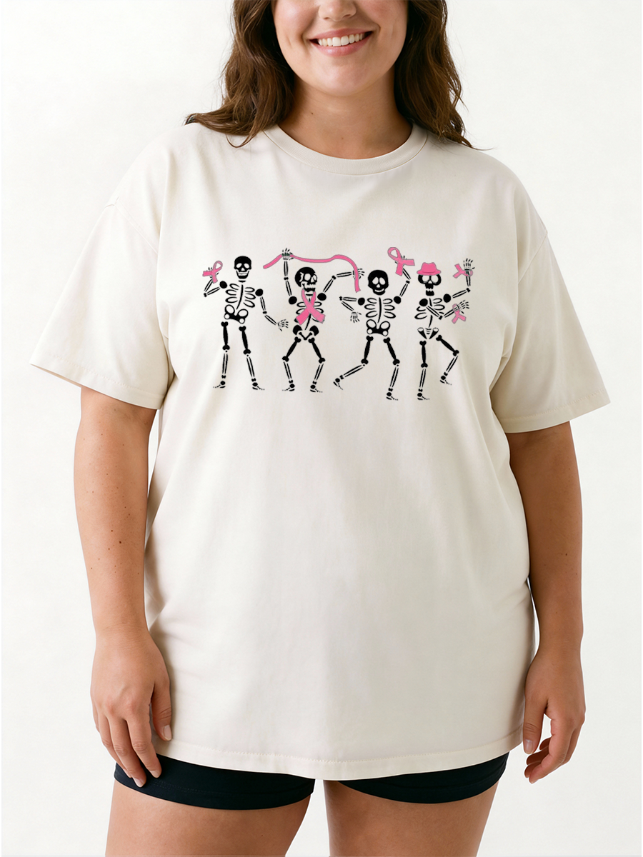 Vintage Dancing Skeletons Pink Ribbon Oversize Graphic Tee