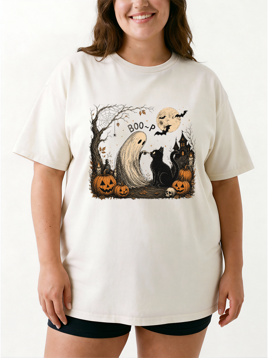Vintage Ghost Cat Halloween Oversize Graphic Tee