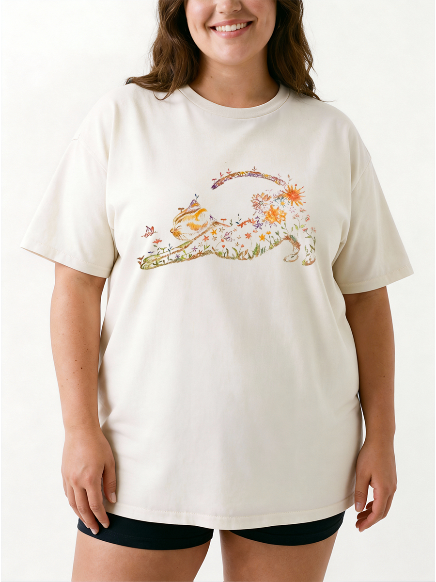 Vintage Watercolor Floral Cat Oversize Graphic Tee