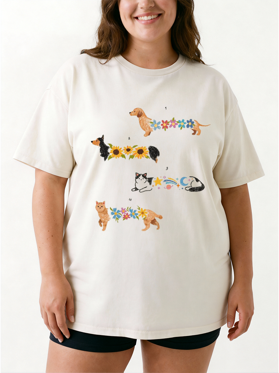 Vintage Cute Floral Cats And Dogs Oversize Graphic Tee