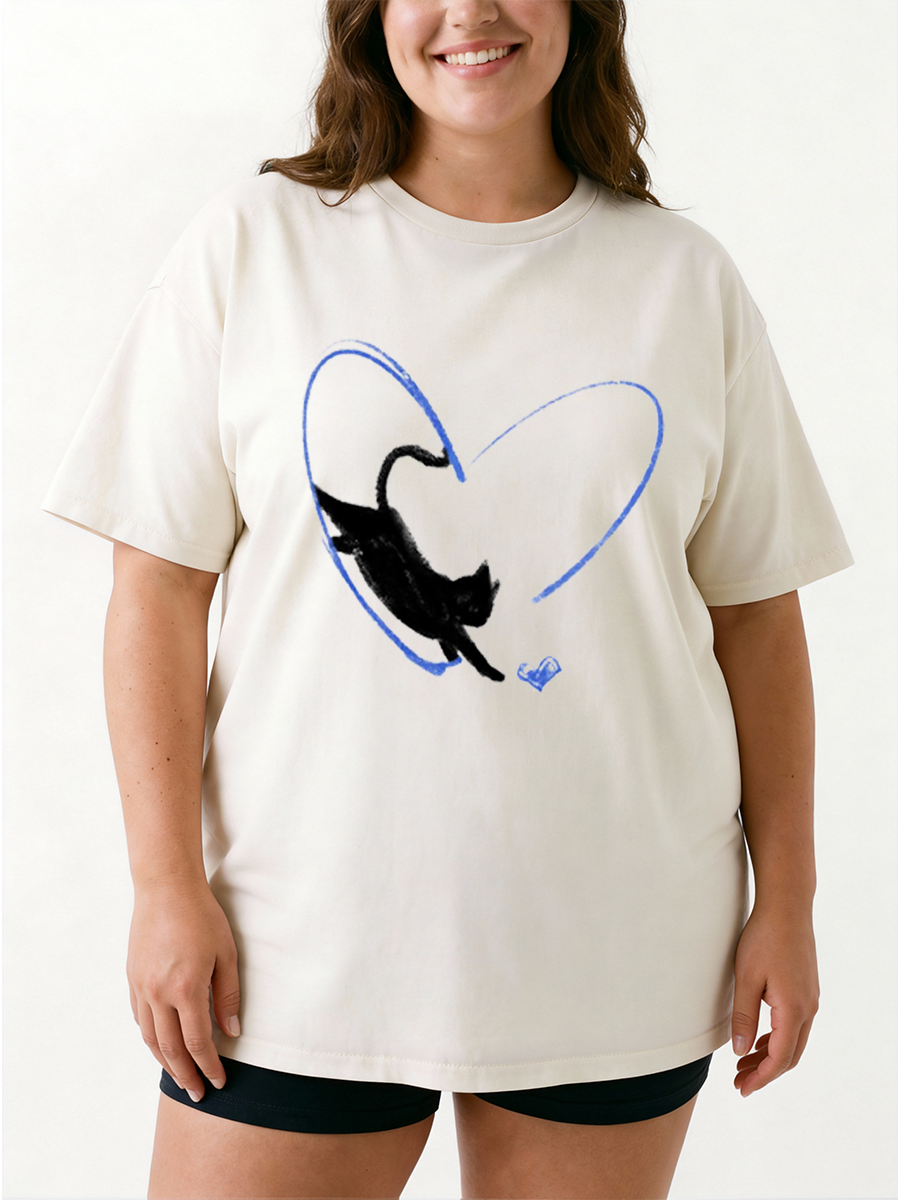 Vintage Black Cat And Heart Oversize Graphic Tee
