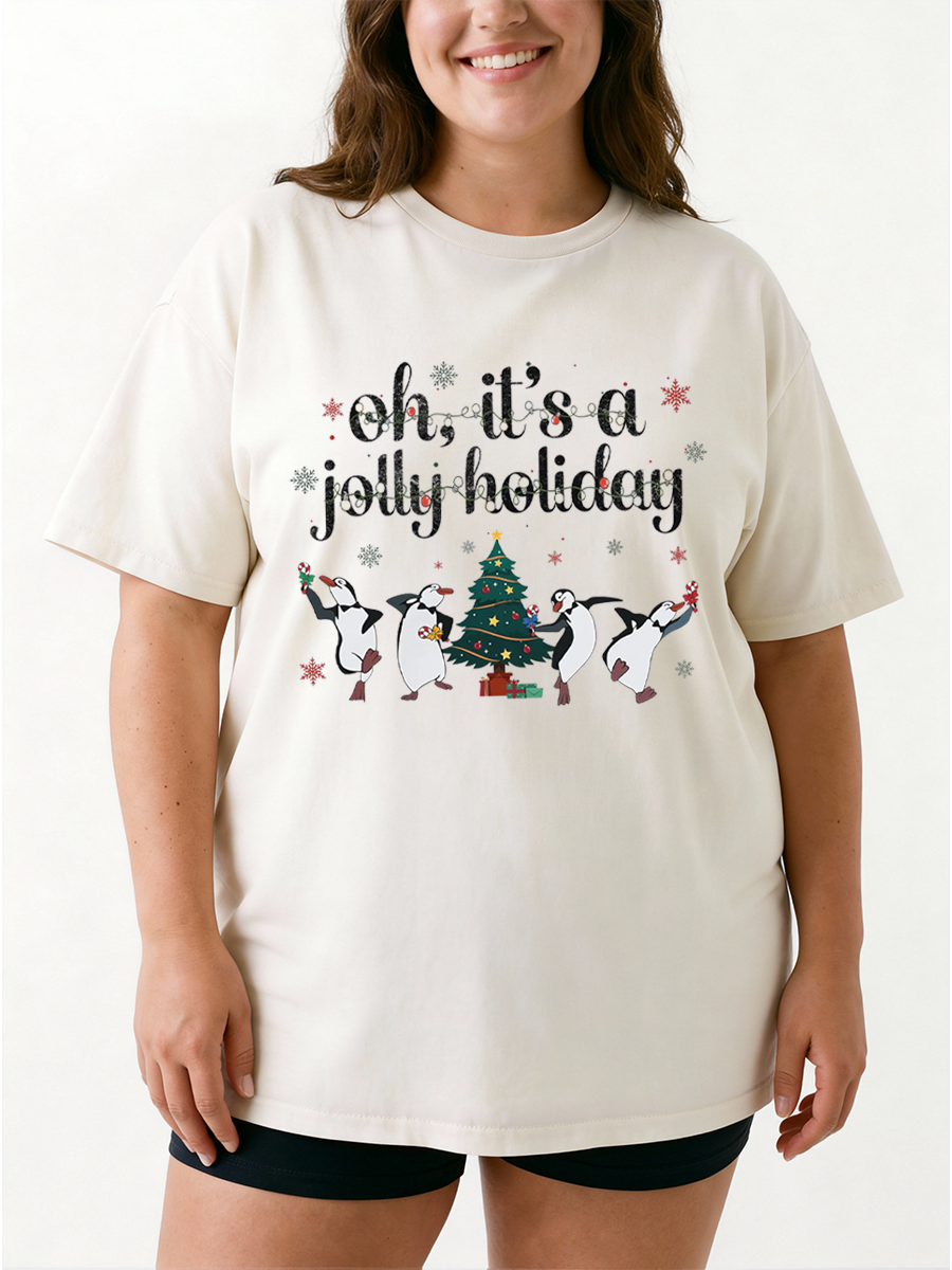 Vintage Oh It'S A Jolly Holiday Santa Penguins Christmas Light Oversize Graphic Tee