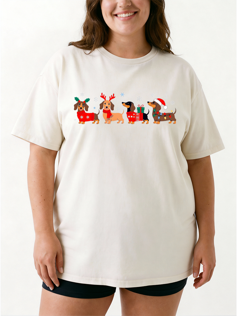 Vintage Merry Christmas Dachshund Oversize Graphic Tee