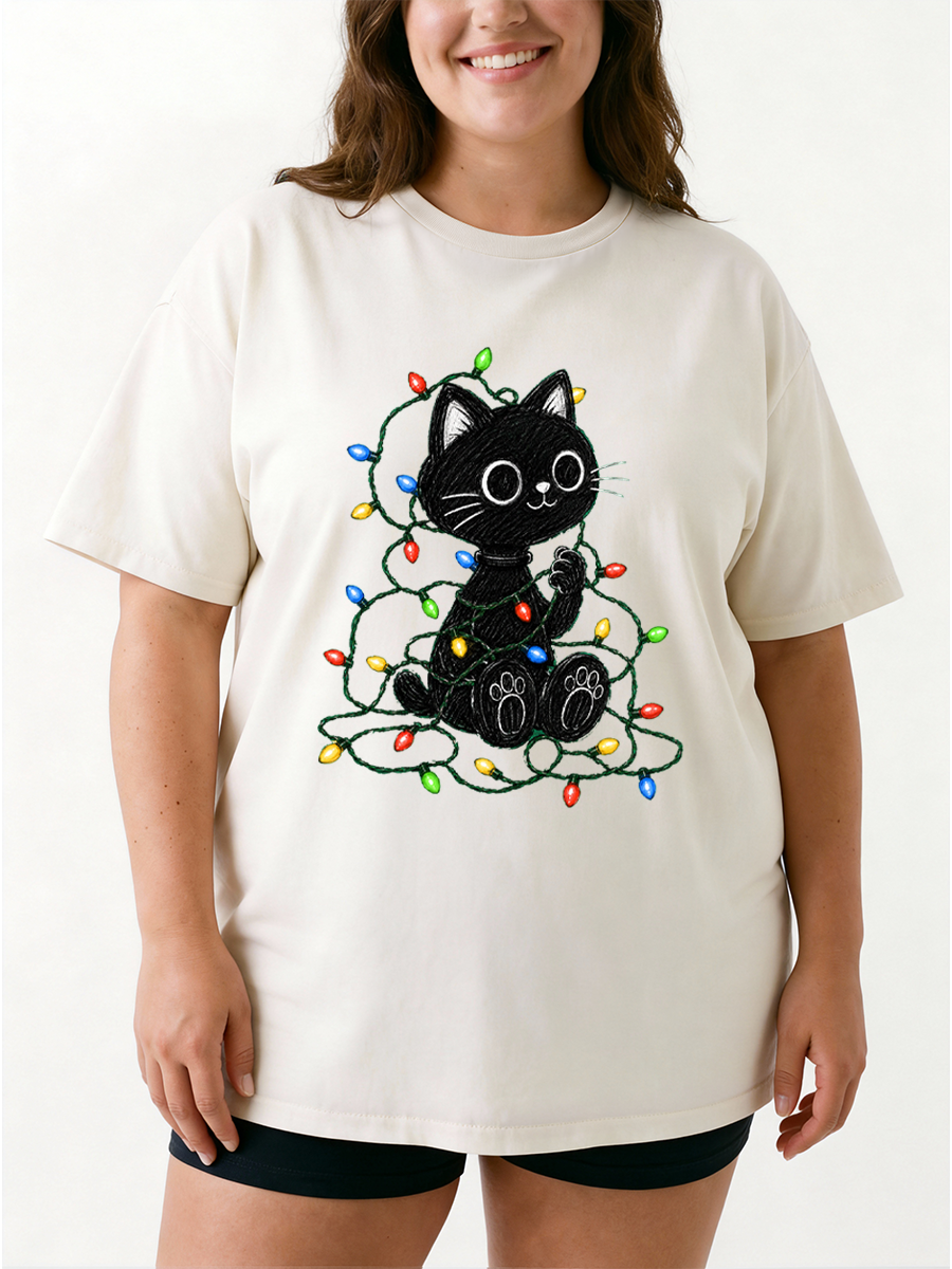 Vintage Holiday Lights Cute Black Cat Oversize Graphic Tee