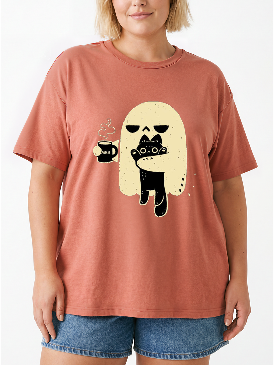 Vintage Cute Ghost And Black Cat Oversize Graphic Tee