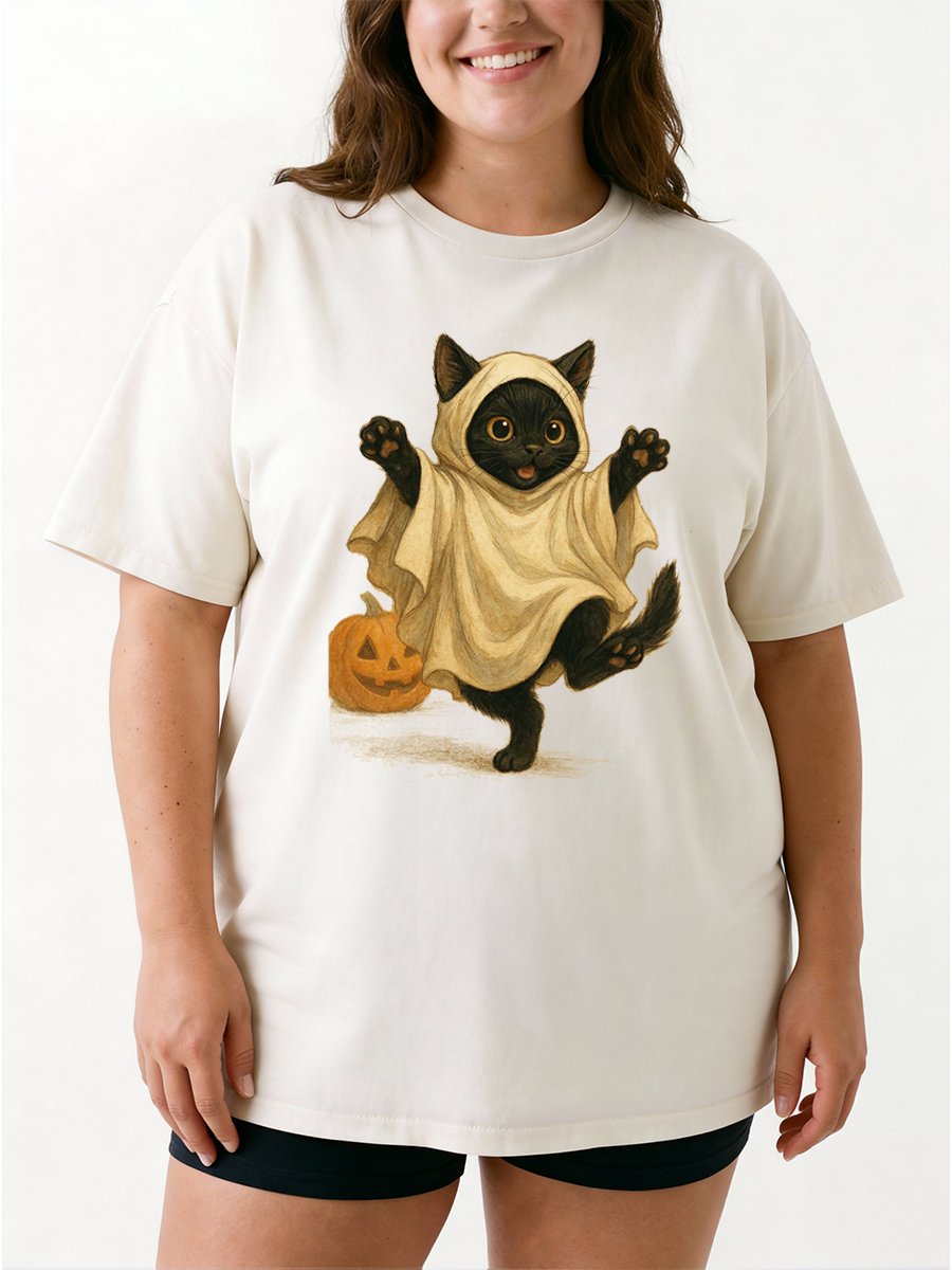 Vintage Cute Black Cat And Pumpkin Oversize Graphic Tee