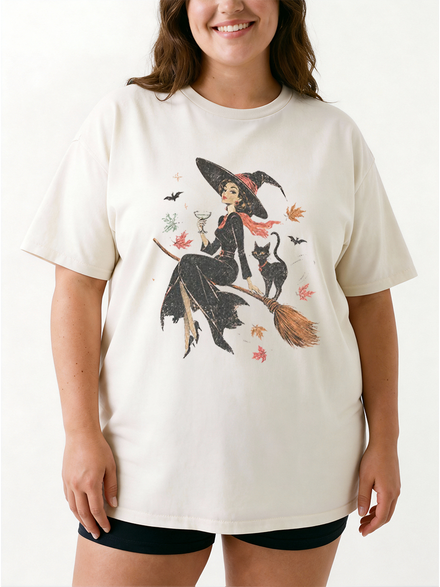 Vintage Witch & Cat Ringer Oversize Graphic Tee