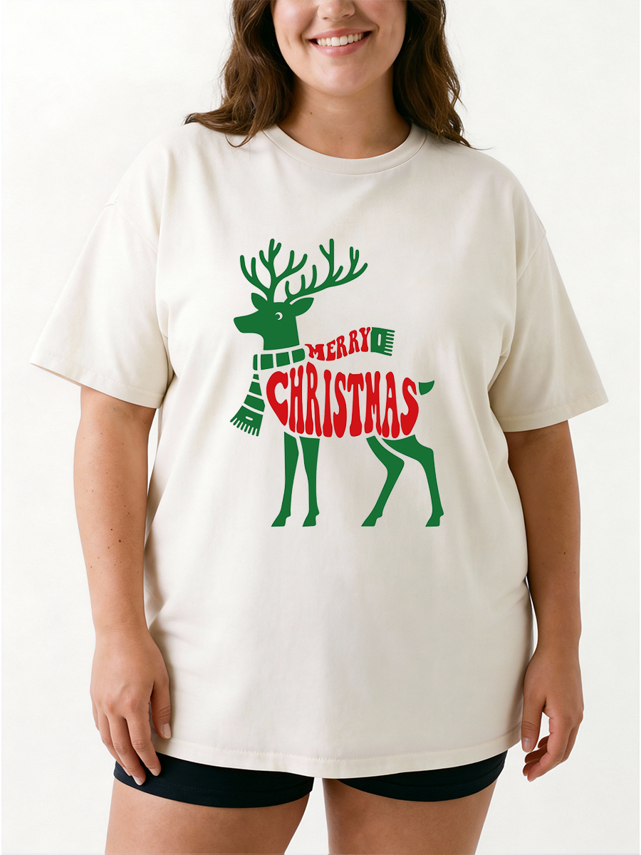 Vintage  Merry Christmas Cute Deer Oversize Graphic Tee