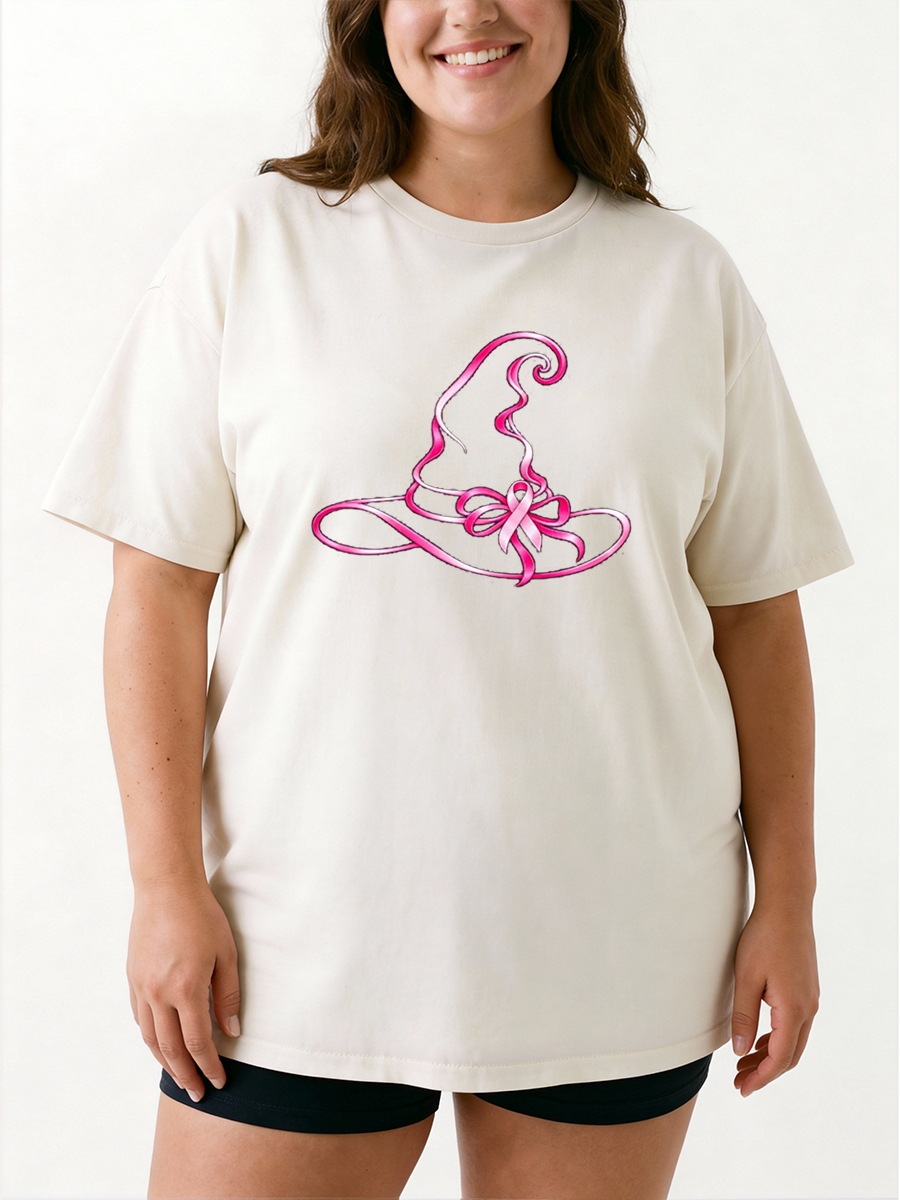 Vintage Breast Cancer Awareness Witch Hat Oversize Graphic Tee