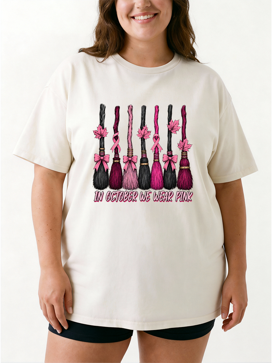 Vintage In October We Wear Pink Witch Broom Oversize Graphic Tee