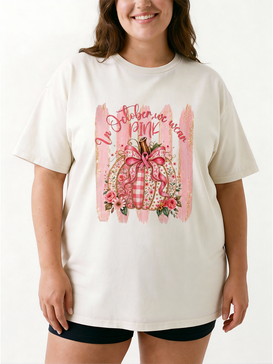 Vintage Breast Cancer Awareness Pumpkin Floral Oversize Graphic Tee