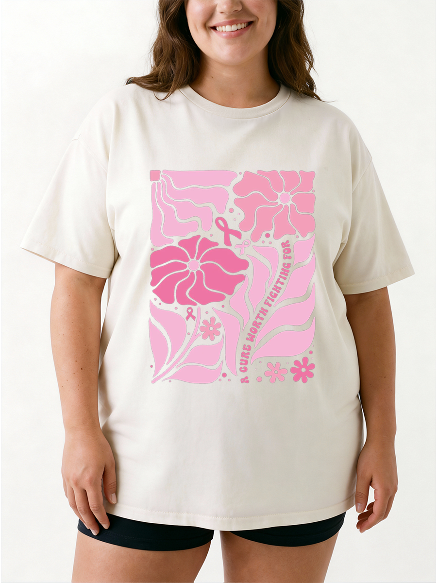 Vintage Boho Floral Breast Cancer Awareness Oversize Graphic Tee