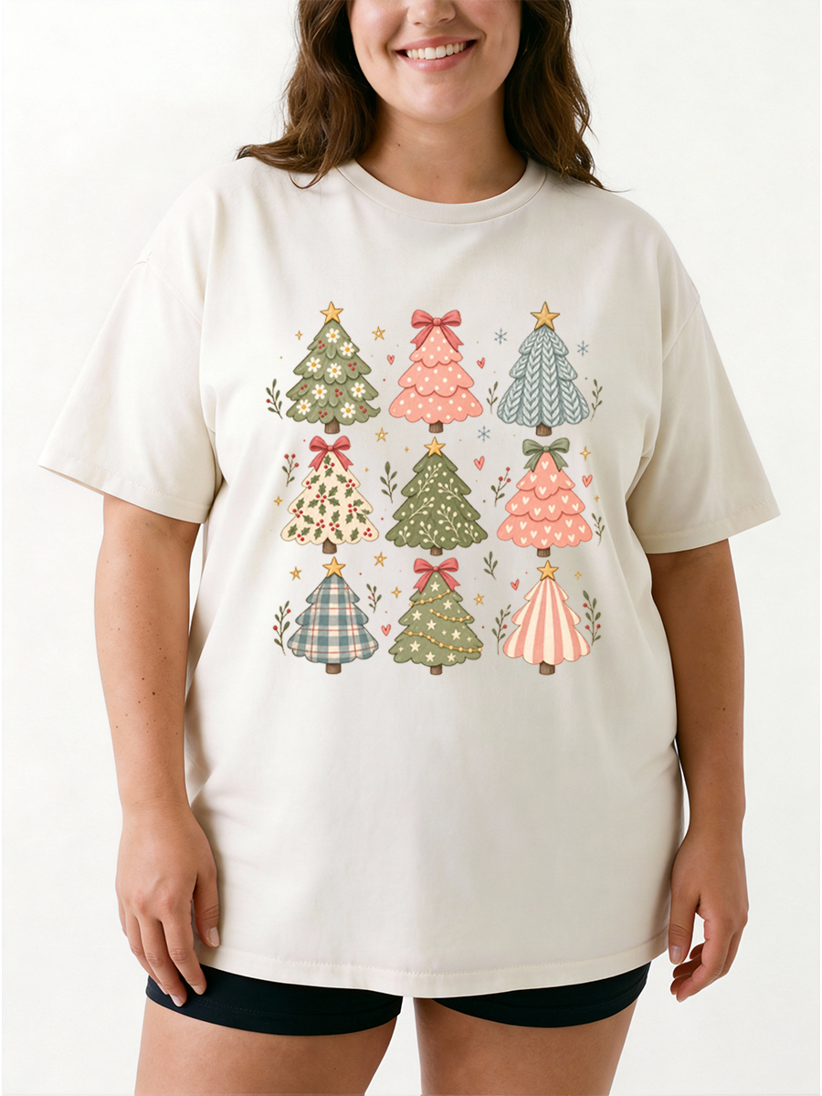 Vintage Boho Whimsical Christmas Trees Oversize Graphic Tee