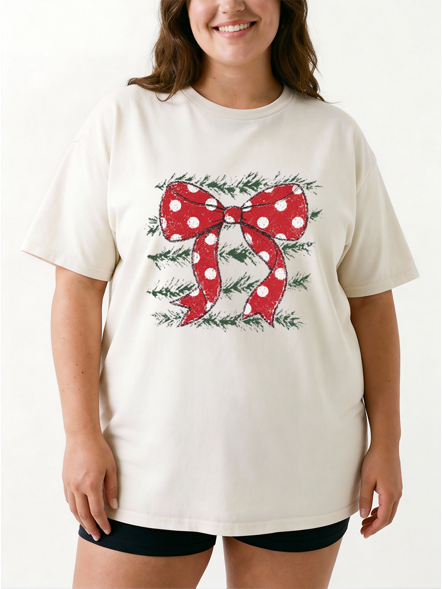 Vintage Christmas Bow Stripes Oversize Graphic Tee