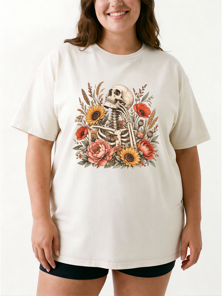 Vintage Gothic Flower Skeleton Oversize Graphic Tee