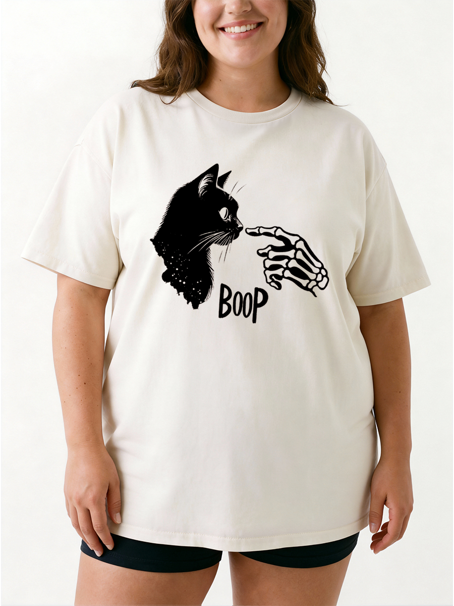 Vintage Skeleton Cat Halloween Oversize Graphic Tee