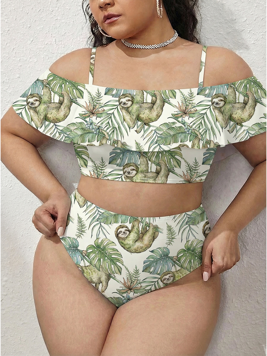 Vintage Sloth Hanging From Tropical Leaf Two Piece Ruffled Tankini Swimsuit