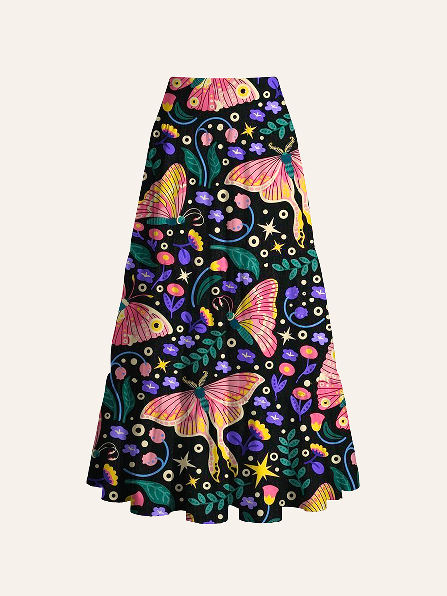 Boho Luna Moth And Flowers Convertible Maxi Skirts