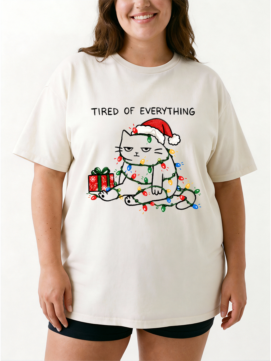 Vintage Tired Of Everything Cute Christmas Cat Oversize Graphic Tee