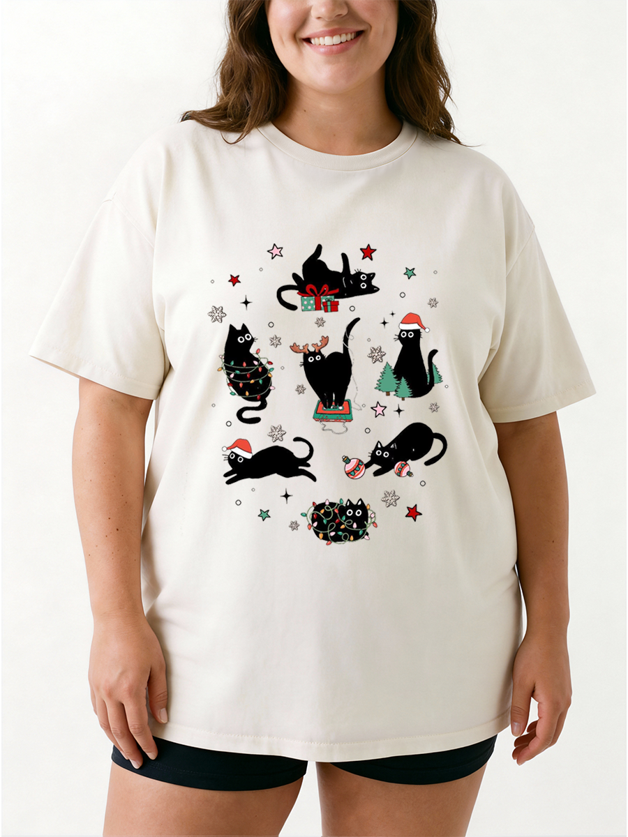 Vintage Christmas Black Cat Oversize Graphic Tee