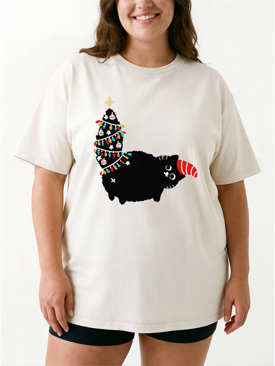 Vintage Christmas Tree And Black Cat Oversize Graphic Tee