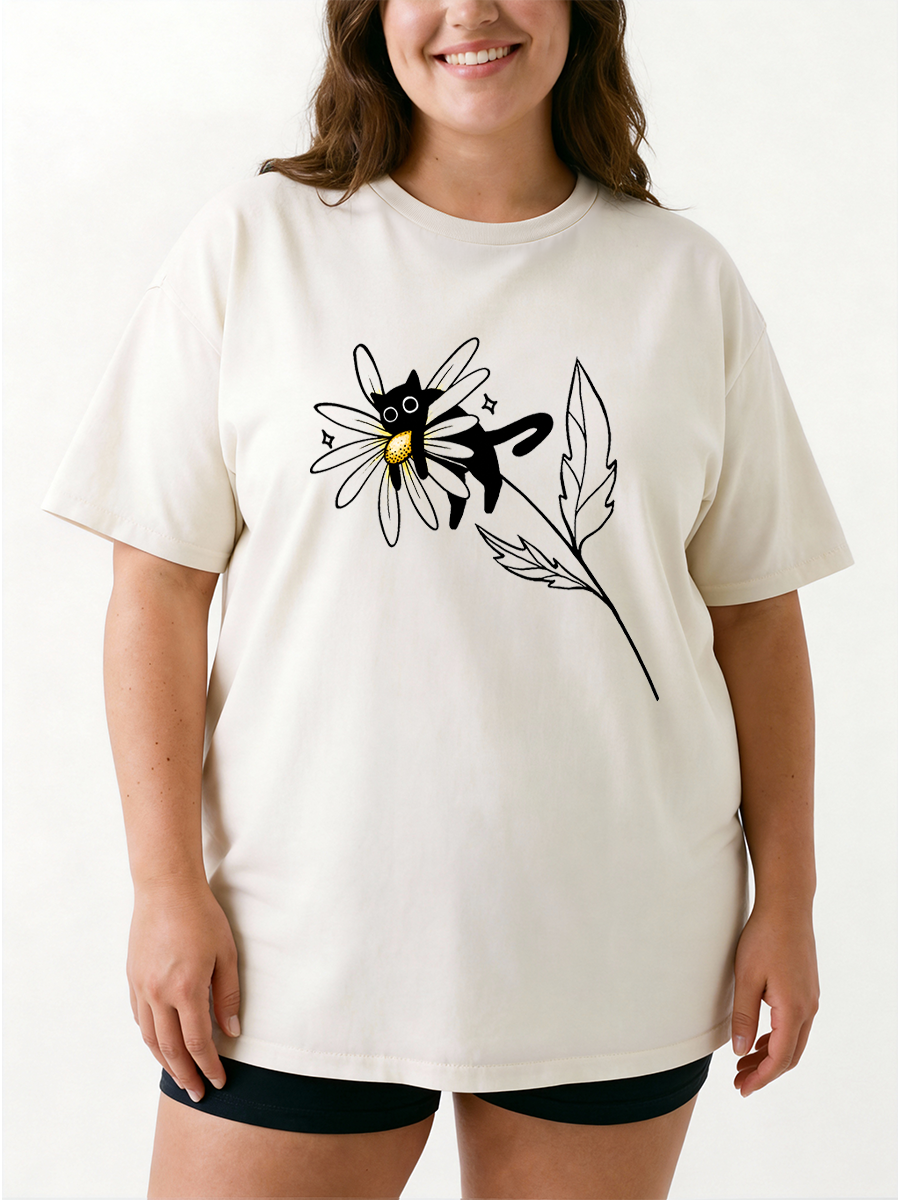 Vintage Daisy Cute Cat Oversize Graphic Tee