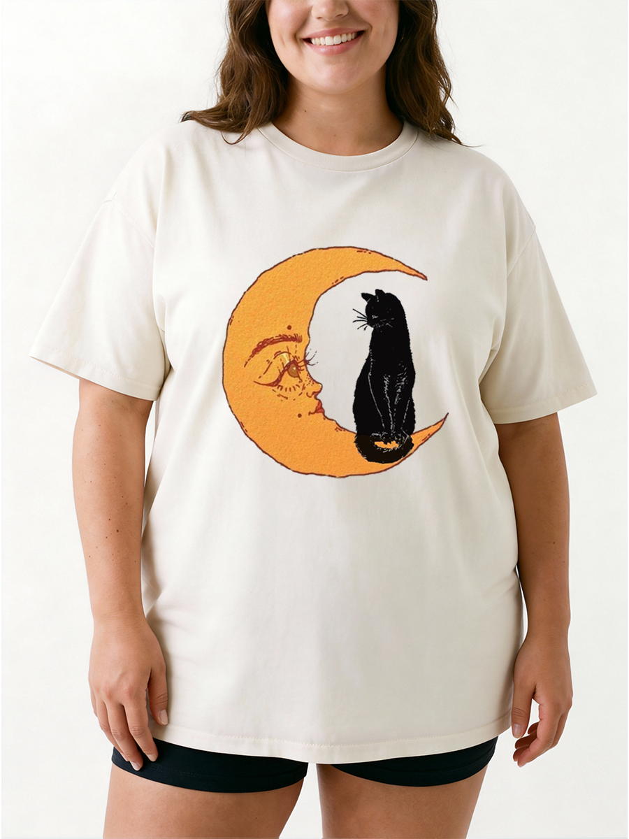 Vintage Moon And Black Cat Oversize Graphic Tee