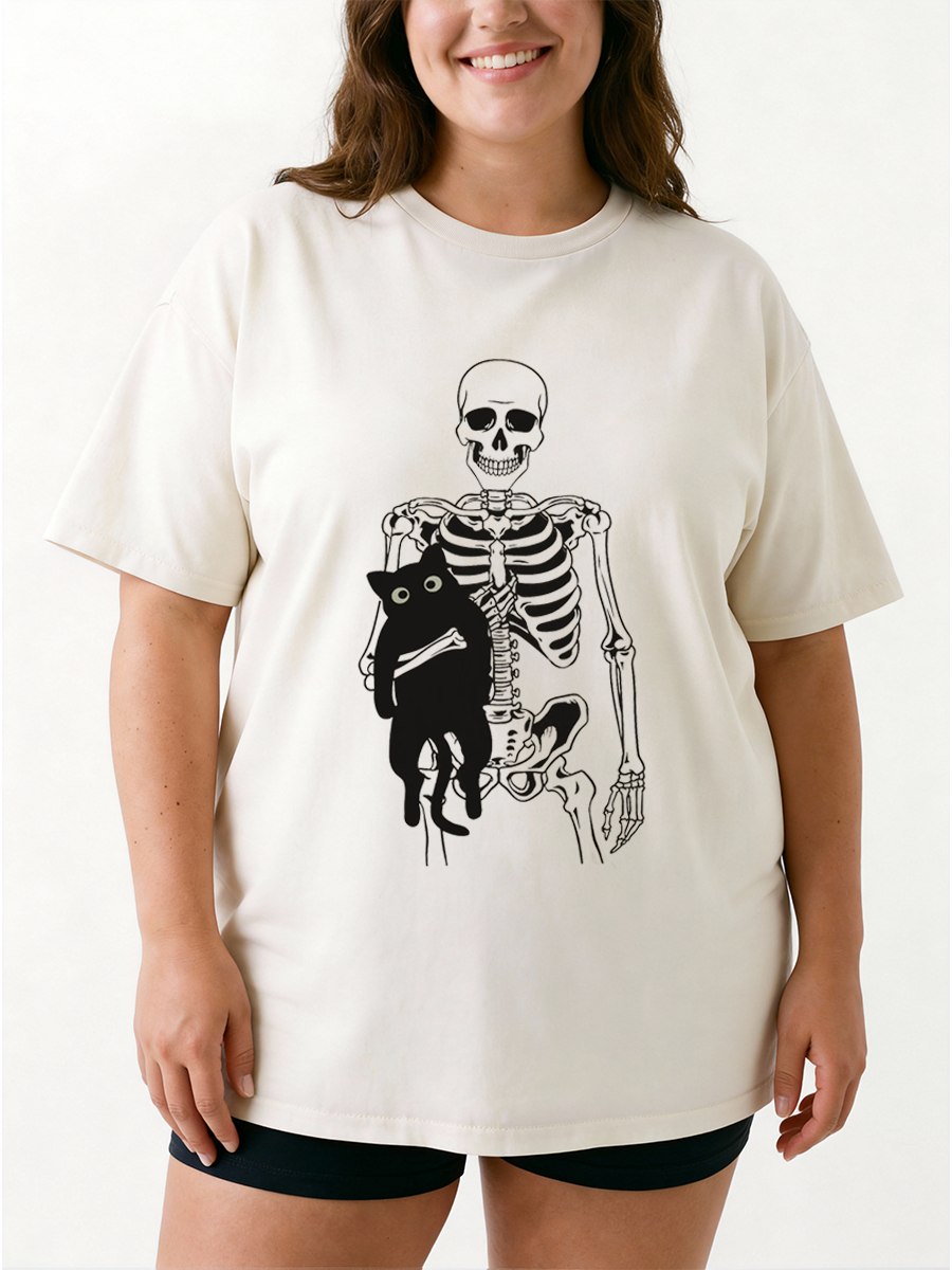 Vintage Skeleton And Cat Oversize Graphic Tee