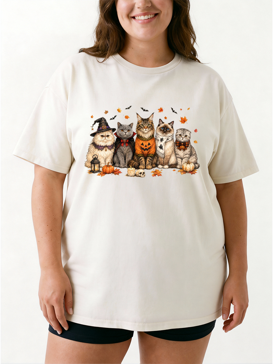Vintage Halloween Spooky Cats Oversize Graphic Tee