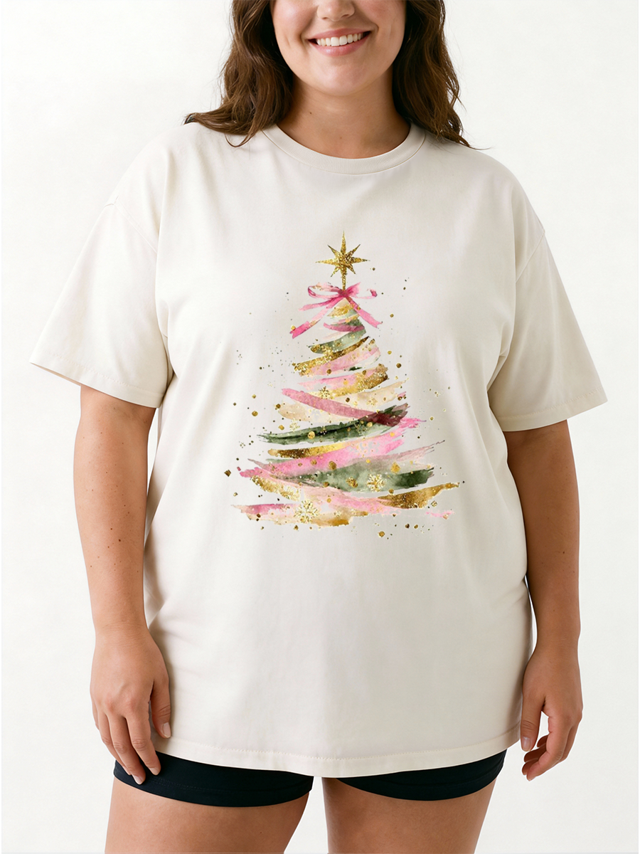 Vintage Christmas Watercolor Tree Oversize Graphic Tee