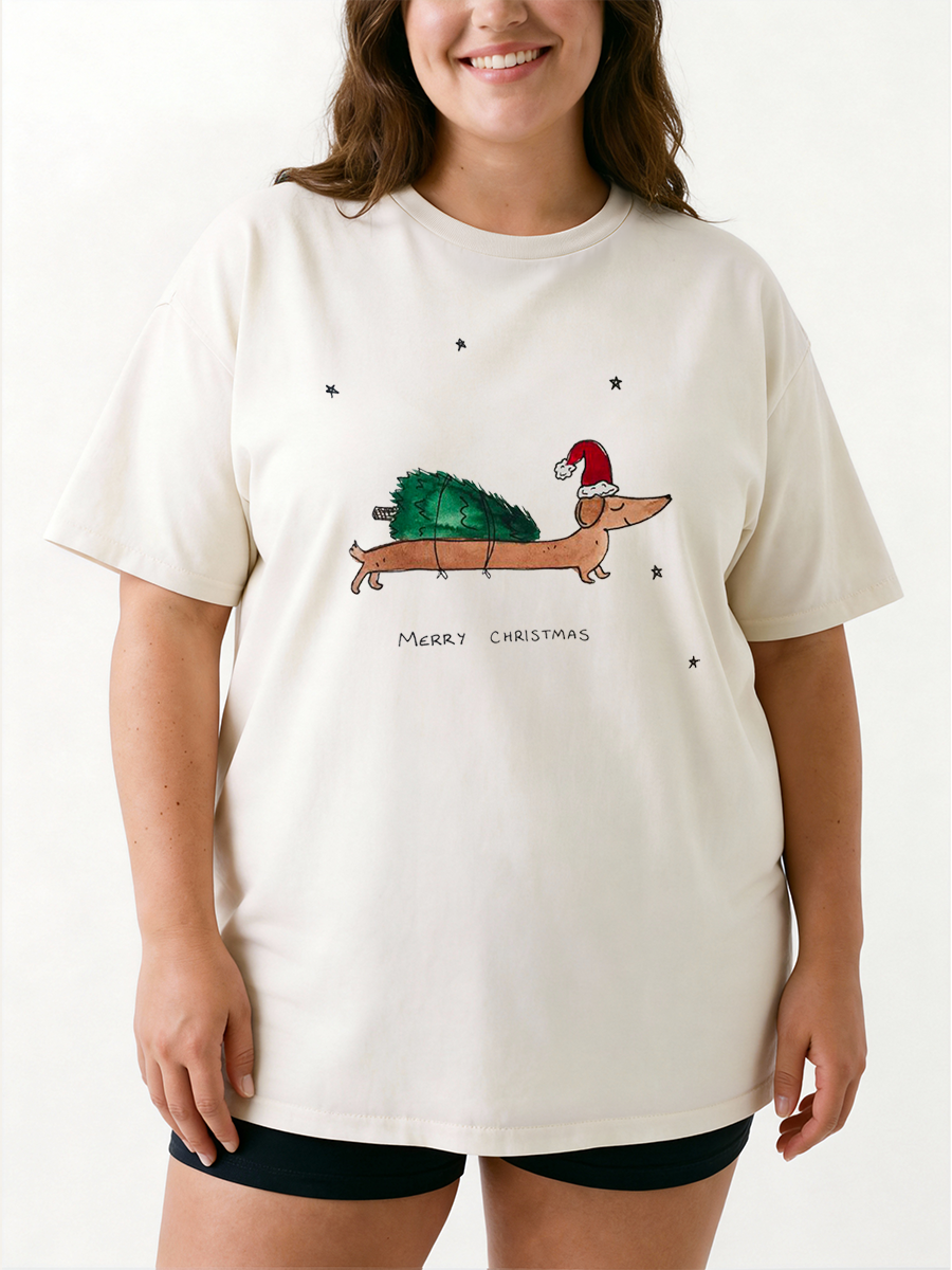 Vintage Chritmas Duchshund Oversize Graphic Tee