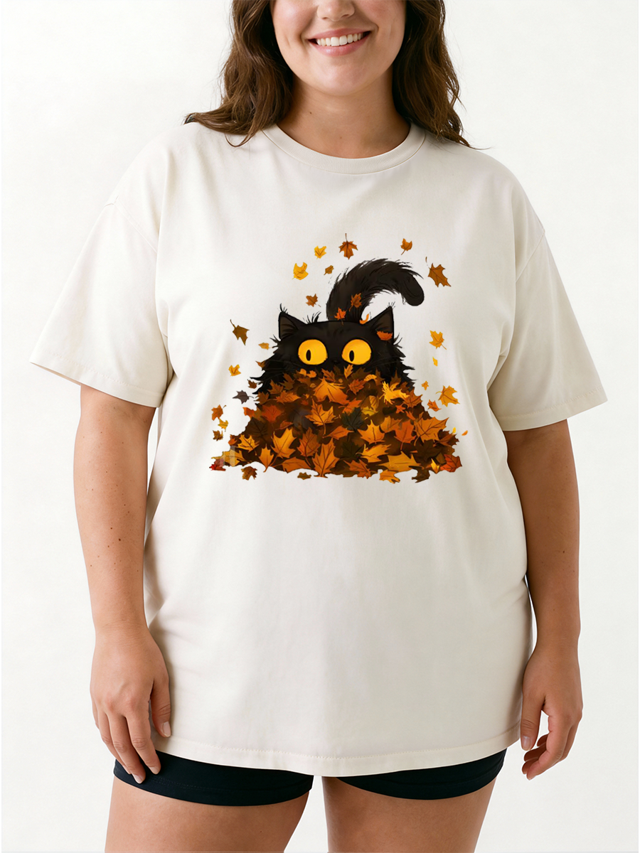 Vintage Black Cat Playing In Fall Leaves Oversize Graphic Tee