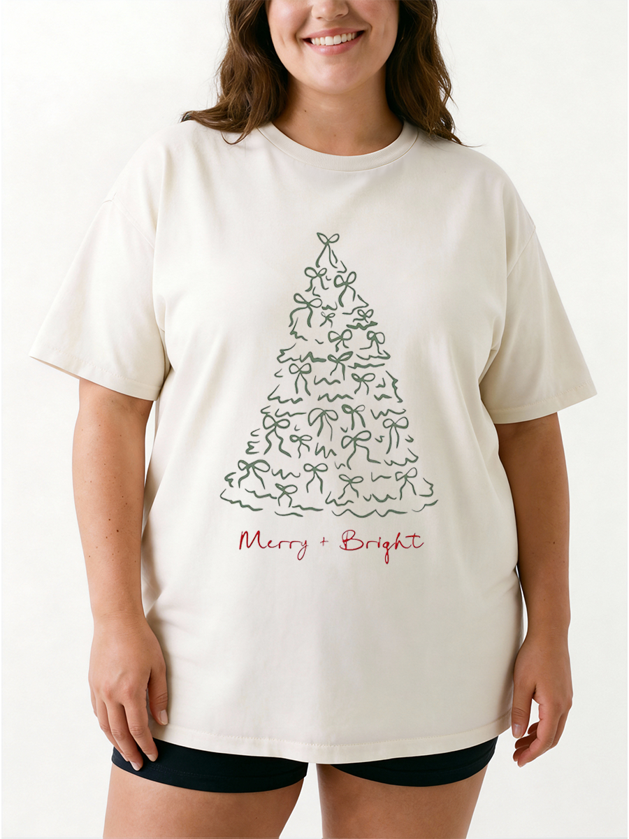Vintage Christmas Tree And Black Cat Oversize Graphic Tee