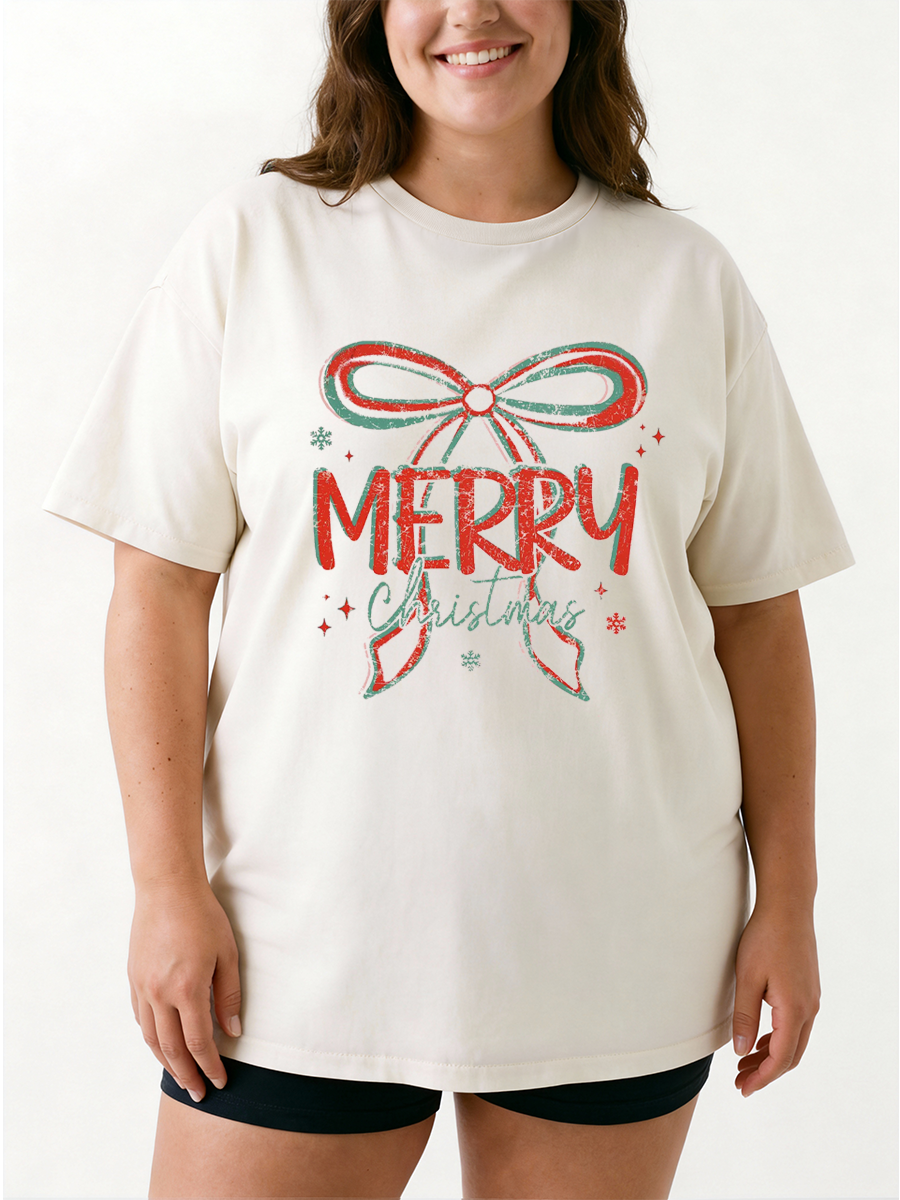 Vintage Merry Christmas Bow Oversize Graphic Tee