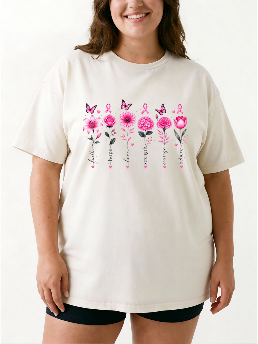 Vintage Breast Cancer Garden Flowers Oversize Graphic Tee