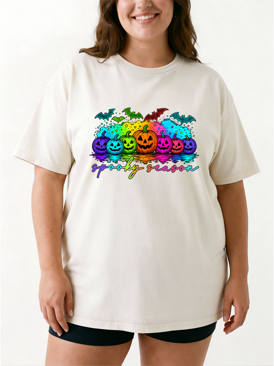 Vintage Neon Spook Season With Pumpkin Oversize Graphic Tee