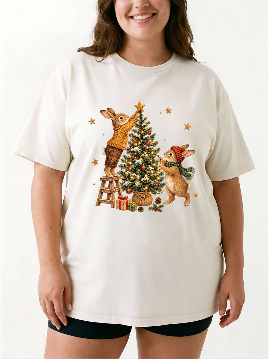 Vintage Rabbits Decorating Tree Oversize Graphic Tee